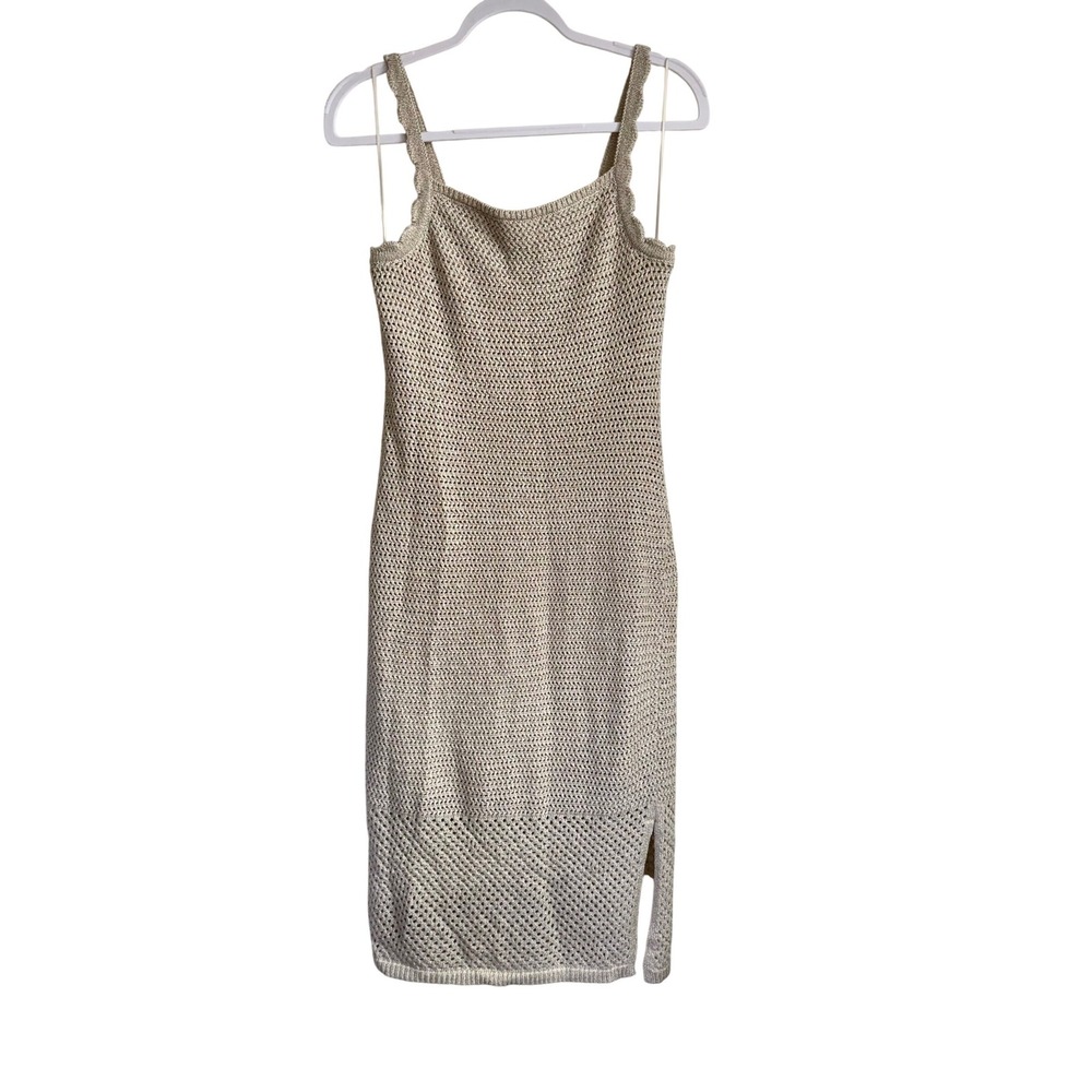 Joie Gold Shimmer Crochet Knit Midi Dress Scalloped Boho Coastal Luxe Large L